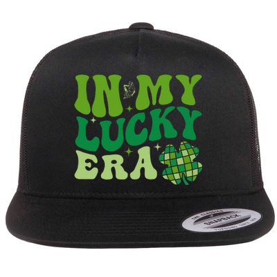 In My Lucky Era St Patricks Day Retro Groovy Disco Shamrock Flat Bill Trucker Hat