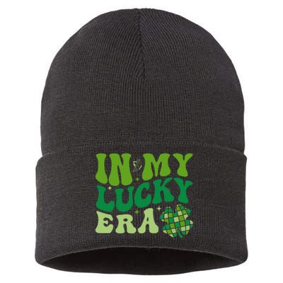 In My Lucky Era St Patricks Day Retro Groovy Disco Shamrock Sustainable Knit Beanie