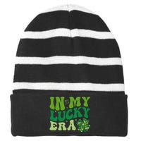 In My Lucky Era St Patricks Day Retro Groovy Disco Shamrock Striped Beanie with Solid Band