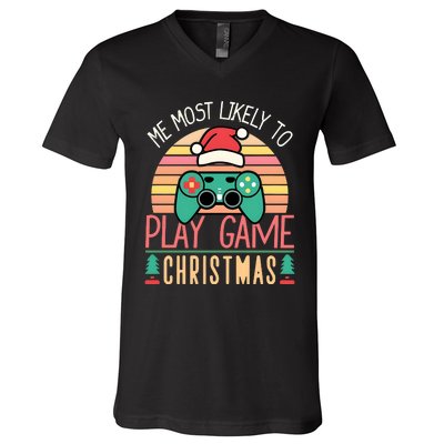 Im More Likely To Play Video Games On Christmas Funny V-Neck T-Shirt