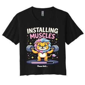 Installing Muscles Lion Lion Strength Training Workout Fitne Women's Crop Top Tee