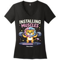 Installing Muscles Lion Lion Strength Training Workout Fitne Women's V-Neck T-Shirt