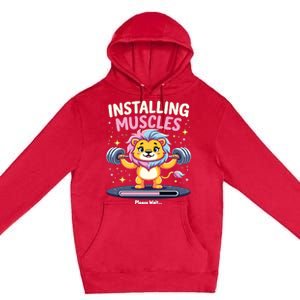 Installing Muscles Lion Lion Strength Training Workout Fitne Premium Pullover Hoodie