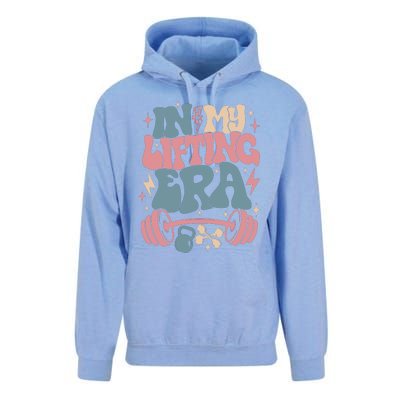 In My Lifting Era Groovy Gym Weight (On Back) Unisex Surf Hoodie