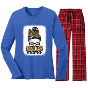 Inked Mama Messy Bun Mom Life Leopard Tattooed Mom Gift Women's Long Sleeve Flannel Pajama Set 