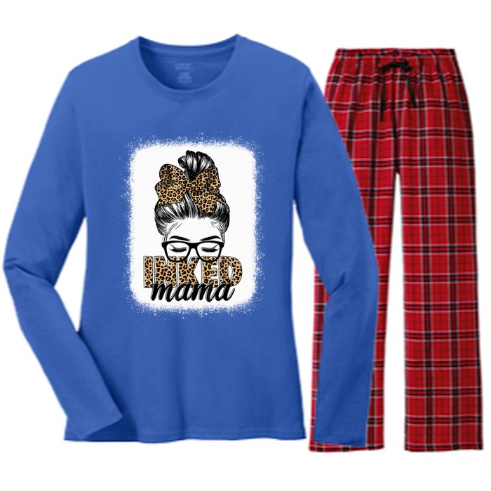 Inked Mama Messy Bun Mom Life Leopard Tattooed Mom Gift Women's Long Sleeve Flannel Pajama Set 