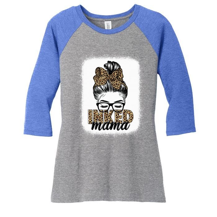 Inked Mama Messy Bun Mom Life Leopard Tattooed Mom Gift Women's Tri-Blend 3/4-Sleeve Raglan Shirt