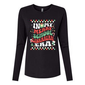 In My Merry School Librarian Era Retro Groovy Christmas Womens Cotton Relaxed Long Sleeve T-Shirt