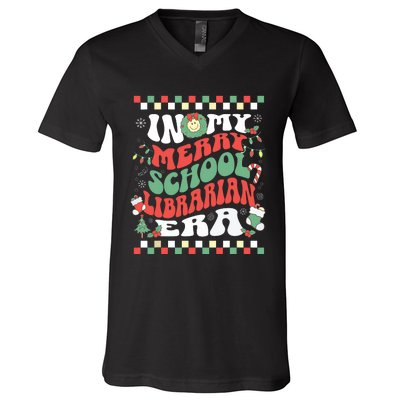 In My Merry School Librarian Era Retro Groovy Christmas V-Neck T-Shirt