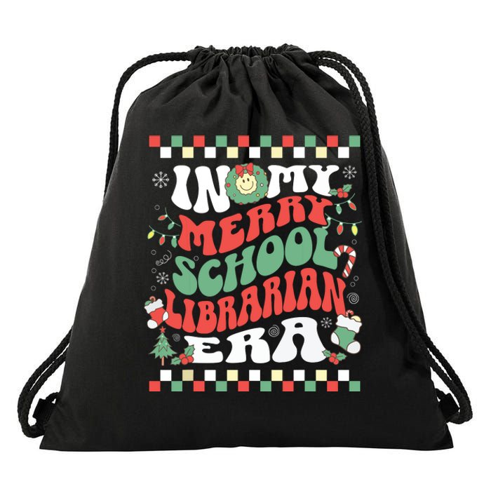 In My Merry School Librarian Era Retro Groovy Christmas Drawstring Bag