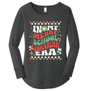 In My Merry School Librarian Era Retro Groovy Christmas Women's Perfect Tri Tunic Long Sleeve Shirt