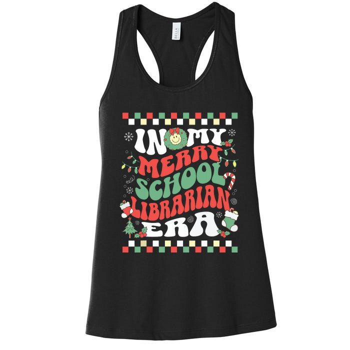 In My Merry School Librarian Era Retro Groovy Christmas Women's Racerback Tank