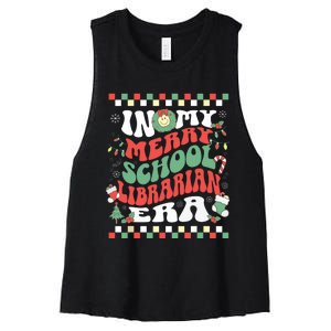 In My Merry School Librarian Era Retro Groovy Christmas Women's Racerback Cropped Tank