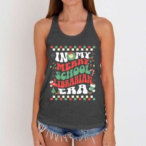 In My Merry School Librarian Era Retro Groovy Christmas Women's Knotted Racerback Tank