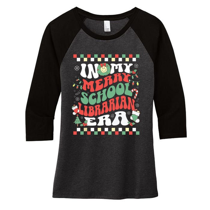 In My Merry School Librarian Era Retro Groovy Christmas Women's Tri-Blend 3/4-Sleeve Raglan Shirt