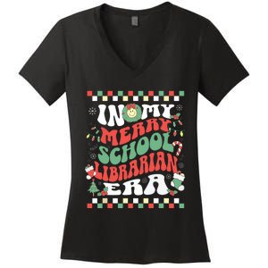 In My Merry School Librarian Era Retro Groovy Christmas Women's V-Neck T-Shirt