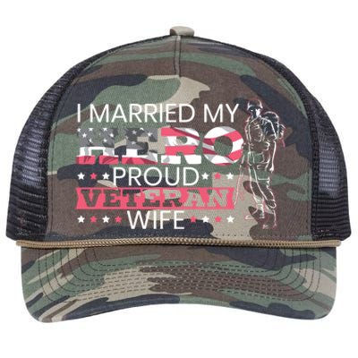 I Married My Hero Proud Veteran Wife Mom 4th Of July Gift Retro Rope Trucker Hat Cap