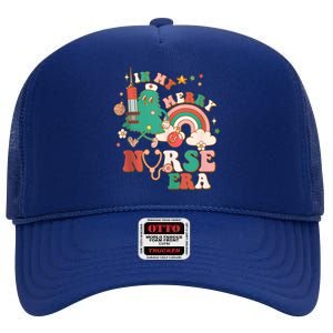 In My Merry Nurse Era Retro Groovy Nurse Christmas Tree Xmas Gift High Crown Mesh Back Trucker Hat