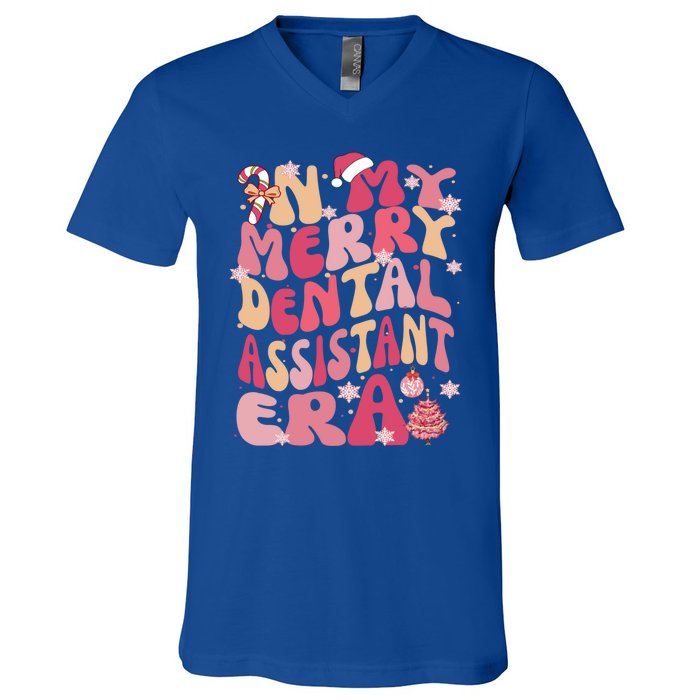 In My Merry Dental Assistant Era Retro Groovy Pink Christmas Gift V-Neck T-Shirt