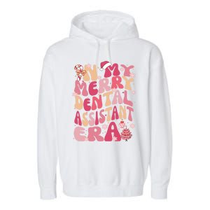 In My Merry Dental Assistant Era Retro Groovy Pink Christmas Gift Garment-Dyed Fleece Hoodie