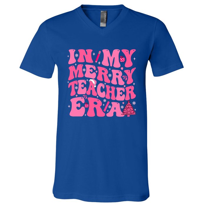 In My Merry Teacher Era Groovy Pink Christmas Teacher Gift V-Neck T-Shirt