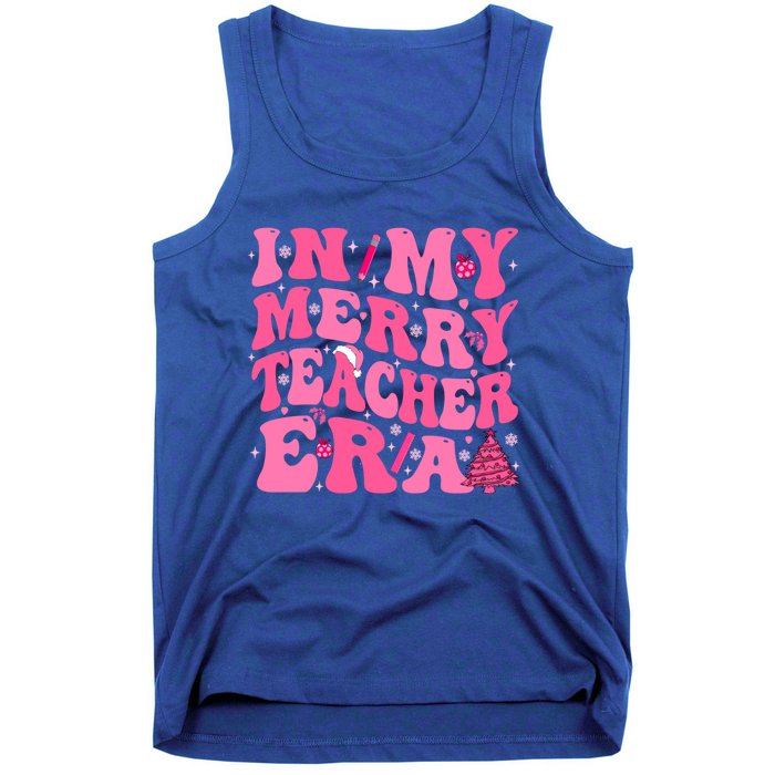 In My Merry Teacher Era Groovy Pink Christmas Teacher Gift Tank Top