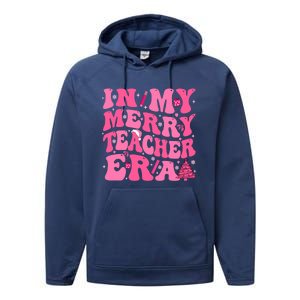 In My Merry Teacher Era Groovy Pink Christmas Teacher Gift Performance Fleece Hoodie