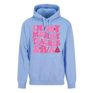 In My Merry Teacher Era Groovy Pink Christmas Teacher Gift Unisex Surf Hoodie