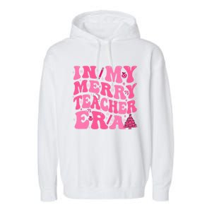 In My Merry Teacher Era Groovy Pink Christmas Teacher Gift Garment-Dyed Fleece Hoodie