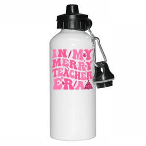 In My Merry Teacher Era Groovy Pink Christmas Teacher Gift Aluminum Water Bottle