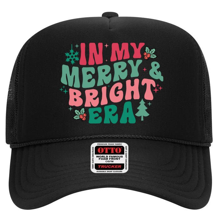 In My Merry And Bright Era Christmas Santa Xmas Groovy Retro High Crown Mesh Back Trucker Hat