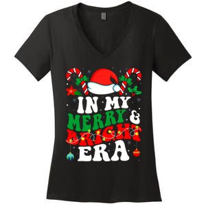 In My Merry And Bright Era Cute Groovy Retro Xmas Christmas Women's V-Neck T-Shirt