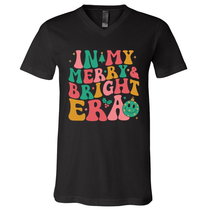 In My Merry And Bright Era Groovy Merry And Bright Christmas V-Neck T-Shirt