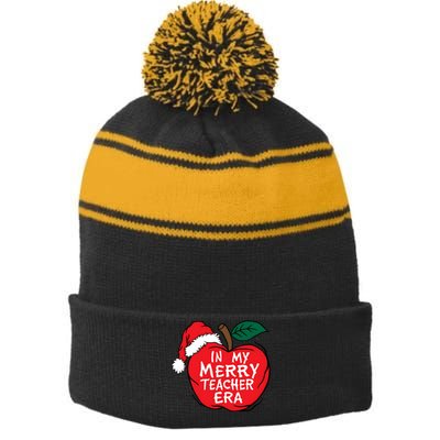 In My Merry Teacher Era Santa Claus Apple Stripe Pom Pom Beanie