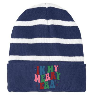 In My Merry Era Christmas Holiday Striped Beanie with Solid Band