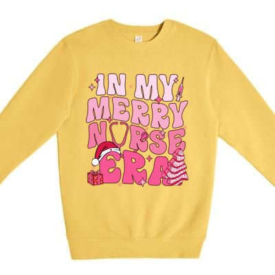 In My Merry Nurse Era Retro Groovy Wavy Pink Santa Hat Xmas Cute Gift Premium Crewneck Sweatshirt