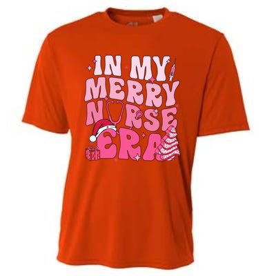 In My Merry Nurse Era Retro Groovy Wavy Pink Santa Hat Xmas Cute Gift Cooling Performance Crew T-Shirt