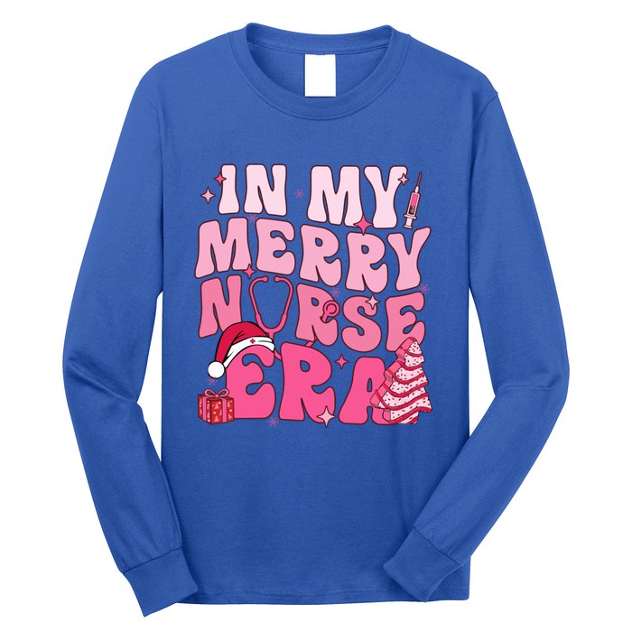 In My Merry Nurse Era Retro Groovy Wavy Pink Santa Hat Xmas Cute Gift Long Sleeve Shirt