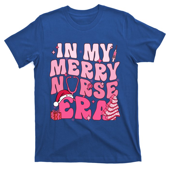 In My Merry Nurse Era Retro Groovy Wavy Pink Santa Hat Xmas Cute Gift T-Shirt