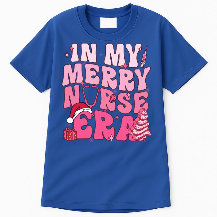 In My Merry Nurse Era Retro Groovy Wavy Pink Santa Hat Xmas Cute Gift Tall T-Shirt