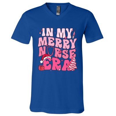 In My Merry Nurse Era Retro Groovy Wavy Pink Santa Hat Xmas Cute Gift V-Neck T-Shirt