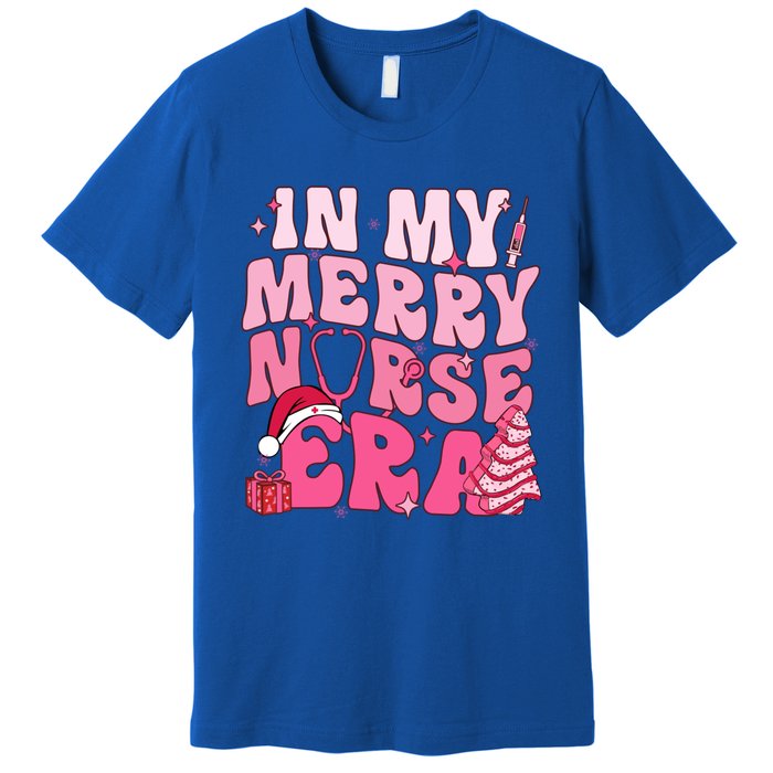 In My Merry Nurse Era Retro Groovy Wavy Pink Santa Hat Xmas Cute Gift Premium T-Shirt