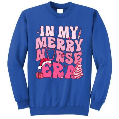 In My Merry Nurse Era Retro Groovy Wavy Pink Santa Hat Xmas Cute Gift Tall Sweatshirt