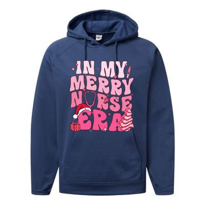 In My Merry Nurse Era Retro Groovy Wavy Pink Santa Hat Xmas Cute Gift Performance Fleece Hoodie