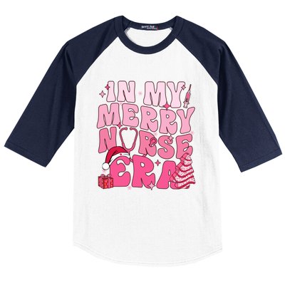 In My Merry Nurse Era Retro Groovy Wavy Pink Santa Hat Xmas Cute Gift Baseball Sleeve Shirt