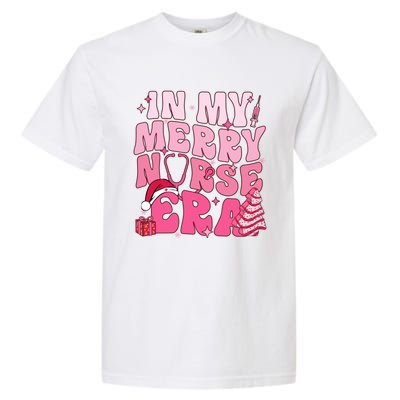 In My Merry Nurse Era Retro Groovy Wavy Pink Santa Hat Xmas Cute Gift Garment-Dyed Heavyweight T-Shirt