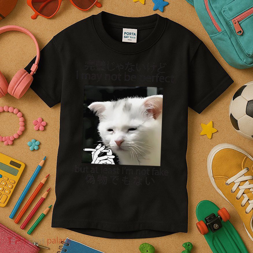 I May Not Be Perfect But At Least Im Not Fake Cat Meme Kids T-Shirt