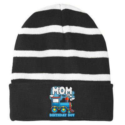 IM Mom Of The Birthday Boy Train Birthday Party Supply Striped Beanie with Solid Band