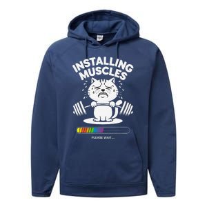 Installing Muscles Please Wait Cat Workout Gym Fitness Performance Fleece Hoodie