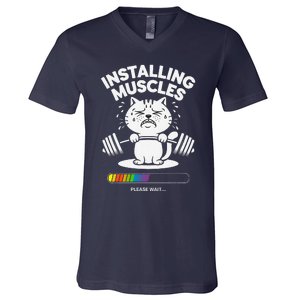 Installing Muscles Please Wait Cat Workout Gym Fitness V-Neck T-Shirt